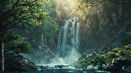 A whimsical concept of a magical realm hidden behind a waterfall  AI generated illustration