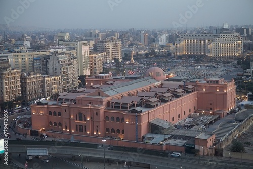 Cairo cityscape with Egyptian museum at sunset