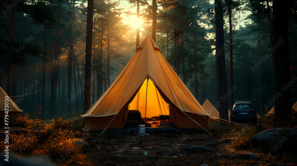 A yellow teepee is set up in a forest. The teepee is surrounded by trees and there is a car parked nearby. The scene is peaceful and serene, with the sun shining through the trees