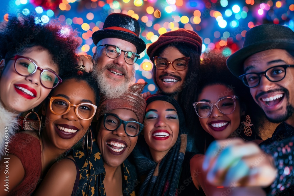 A smiling, multicultural group of people having fun together at a colorful party with bright lights.