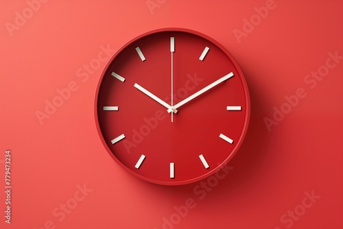 Closeup Red Wall Clock Isolated on Red Background. Generative AI