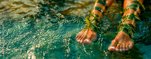 Legs submerged in clear water, adorned with glistening seaweed, symbolizing a connection with the marine world. Banner. Copy space