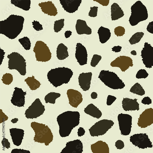 Cow skin in brown and white spotted, seamless pattern, animal texture. Vector background