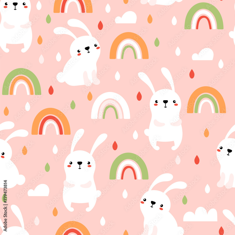Bunnies with rainbows and drops background - obrazy, fototapety, plakaty 