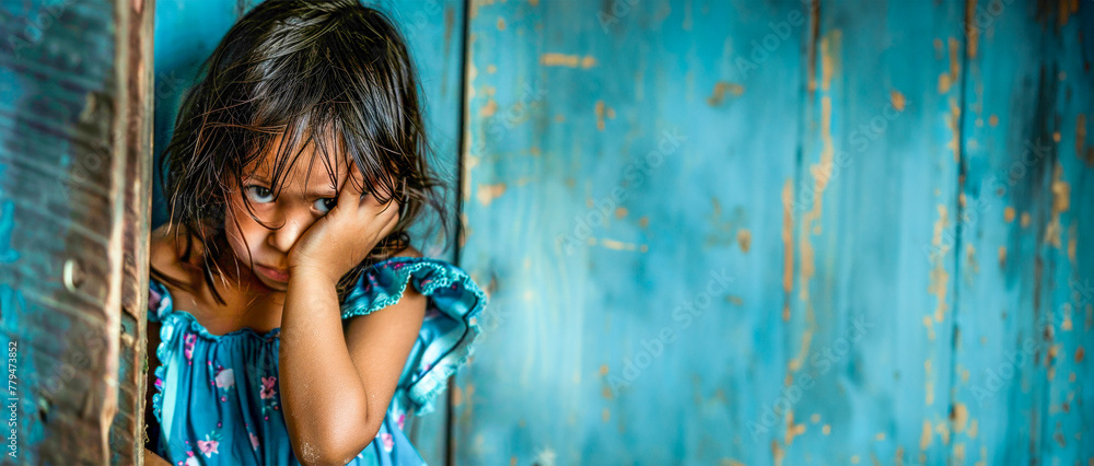 A little offended sad girl stands in front of a solid blue wall and looks directly. Child psychology. Relationship between parents and children. Banner. Copy space A little offended sad girl stands in front of a solid blue wall and looks directly. Child psychology. Relationship between parents and children. Banner. Copy space