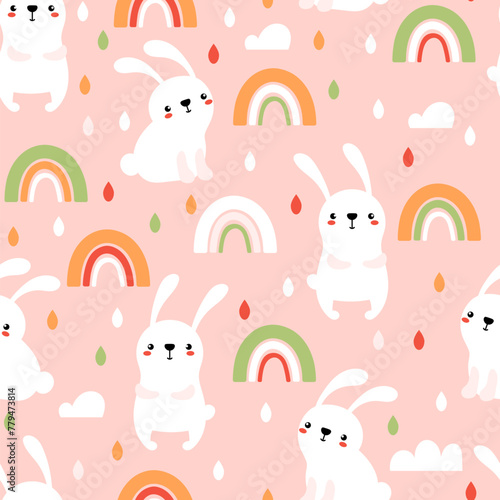 Bunnies with rainbows and drops background