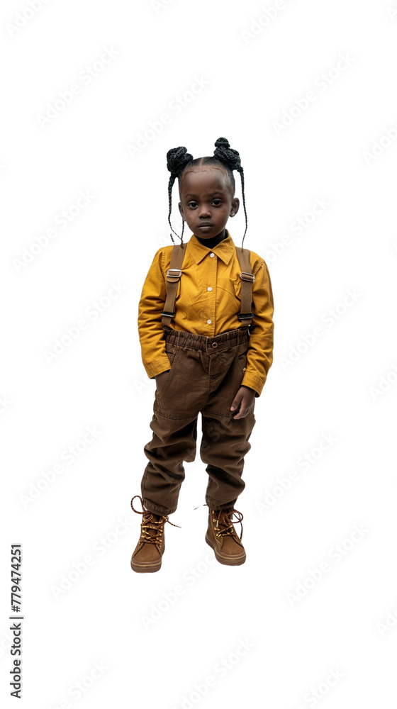 Little African girl dresses up in fashionable clothes.