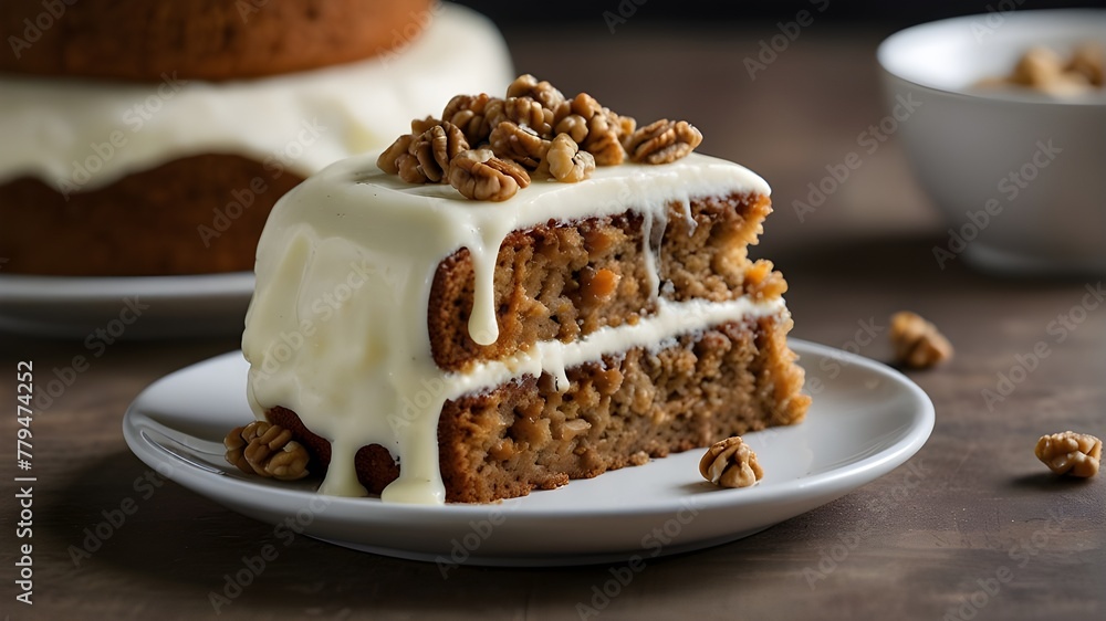 A classic carrot cake topped with smooth cream cheese frosting and chopped walnuts A classic carrot cake topped with smooth cream cheese frosting and chopped walnuts
