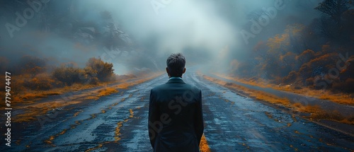 A businessman at a crossroads facing a decisionmaking dilemma in technology. Concept Business Decision-making, Technology Innovation, Entrepreneurial Challenges, Strategic Planning, Career Path photo