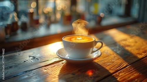 A steaming cup of hot coffee resting on a table, inviting warmth and comfort in its simple elegance. photo