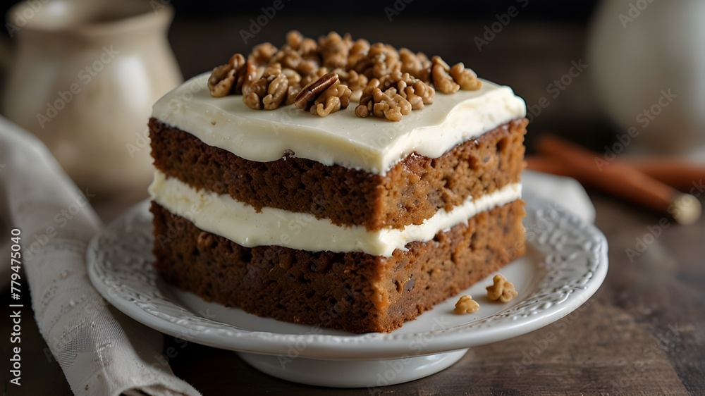 A classic carrot cake topped with smooth cream cheese frosting and chopped walnuts A classic carrot cake topped with smooth cream cheese frosting and chopped walnuts