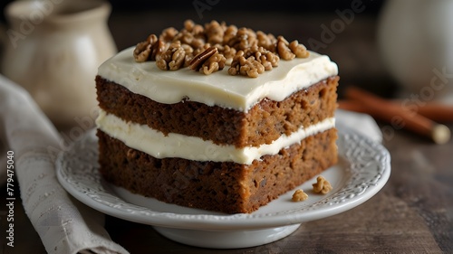 A classic carrot cake topped with smooth cream cheese frosting and chopped walnuts 
