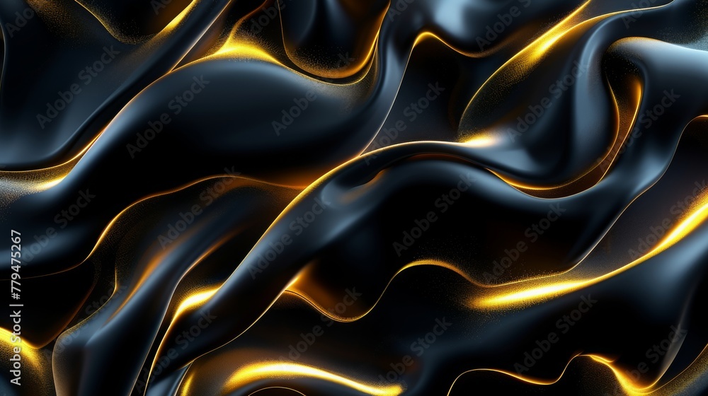 Obraz premium Abstract fluid art of black waves with golden highlights, concept of contrast, movement, and luxury