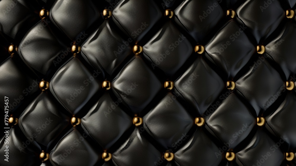 Naklejka premium Black leather upholstery with golden buttons, concept of luxury furniture design and classic elegance