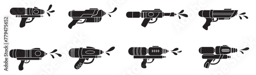 Vector plastic children's toy water gun shape icons set isolated on white background. Black silhouette summer pistols collection. Songkran festival traditional game illustration.