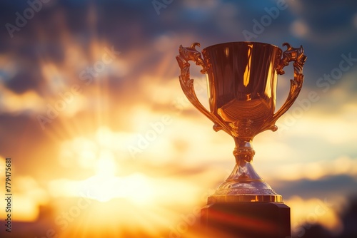 Golden Trophy Celebrating Victory Bathed in a Colorful Sunset