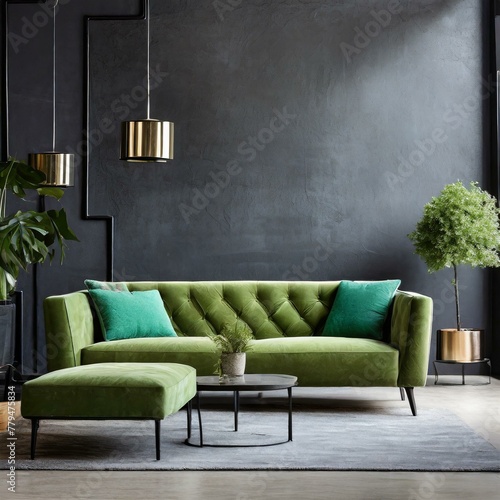 modern living room with sofa.a luxurious living room scene featuring a small light green-colored couch as the focal point. Accentuate the empty wall with decorative deep black plaster stucco microceme © Asad
