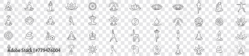 Meditation Practice Yoga and Zen icons set. Relaxation Inner Peace Self-knowledge Inner Concentration Editable Stroke Line icons collection Vector.
