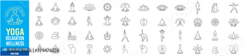 Meditation Practice Yoga and Zen icons set. Relaxation Inner Peace Self-knowledge Inner Concentration Editable Stroke Line icons collection Vector.