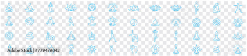 Meditation Practice Yoga and Zen icons set. Relaxation Inner Peace Self-knowledge Inner Concentration Editable Stroke Line icons collection Vector.