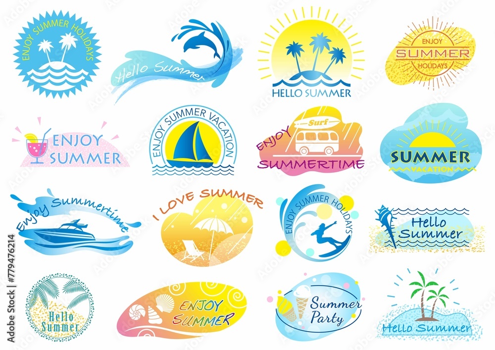 Colorful Vector Summer Symbol Icon Set Isolated White Background