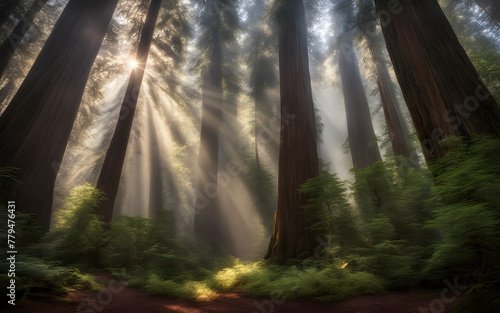 Ancient redwoods in morning mist  towering trees  sunbeams filtering through  mystical and serene