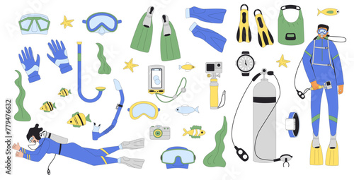 Diving set. Man and woman divers swimming in water suits, oxygen masks, tanks and equipment for scuba and snorkel. Underwater snorkelling. Line art vector illustrations