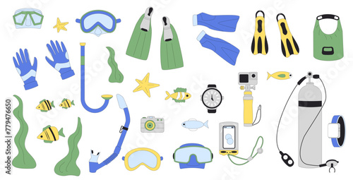 Diving equipment and accessories set. Divers swimming oxygen masks, tanks and tube for scuba and snorkel. Underwater sea marine snorkeling sport. Line art vector illustration