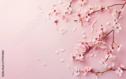 Sakura  cherry blossoms in full bloom on a pink background.