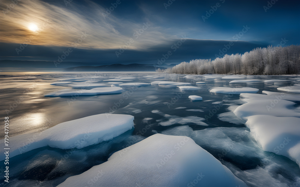 Frozen Lake Baikal, deep blue ice cracks, stark, mesmerizing winter landscape, Siberian wilderness