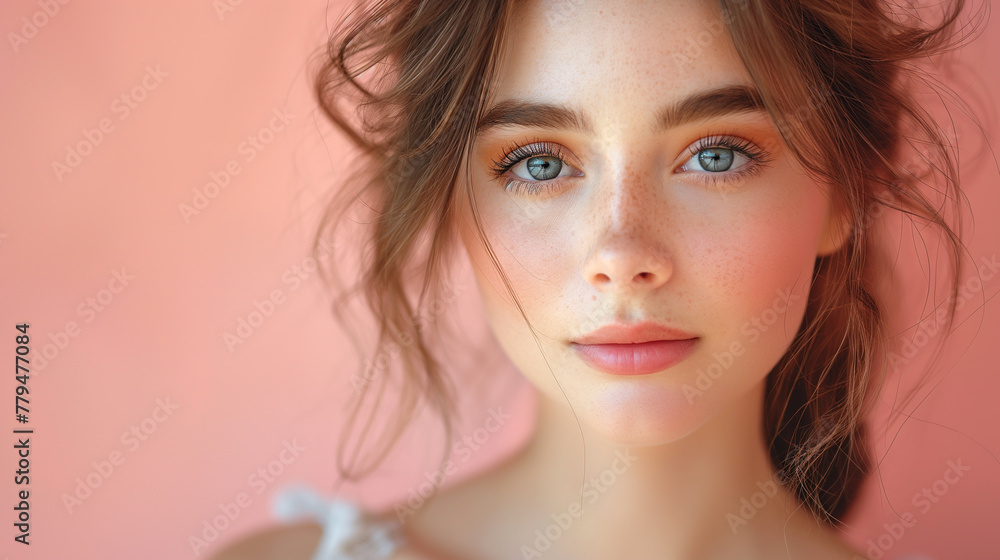 Beauty portrait of young woman mockup on Coral color background professional photography.