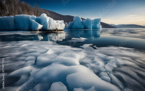 Frozen Lake Baikal, deep blue ice cracks, stark, mesmerizing winter landscape, Siberian wilderness