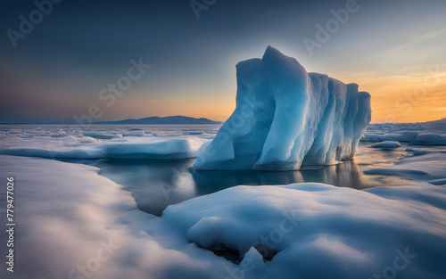 Frozen Lake Baikal, deep blue ice cracks, stark, mesmerizing winter landscape, Siberian wilderness photo