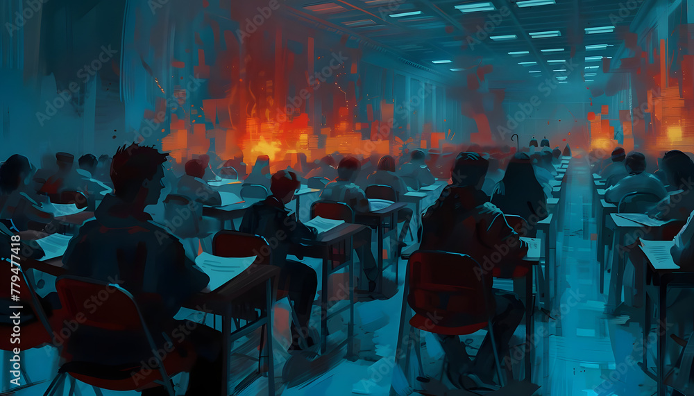 Icon of a student in the middle of an important exam when suddenly the fire alarm goes off inter Generative AI - obrazy, fototapety, plakaty 
