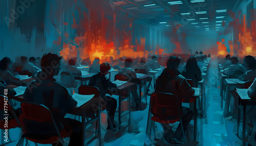Icon of a student in the middle of an important exam when suddenly the fire alarm goes off inter Generative AI