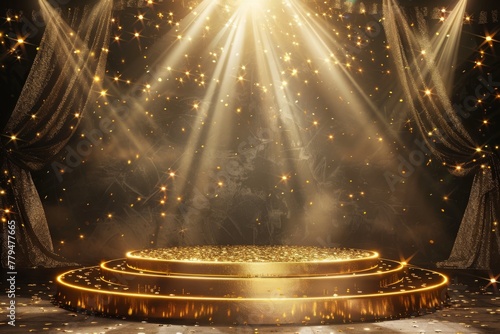 Glamorous award ceremony stage with golden glitter and spotlight, luxury and fame concept