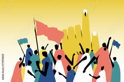 People from different political parties demonstrating in-front of a big hand showing electoral stain. Concept for election in India.