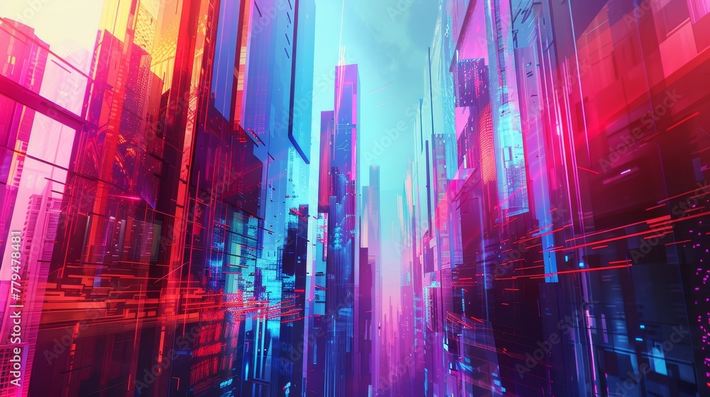 Abstract shapes and vibrant colors in a futuristic cityscape  AI generated illustration