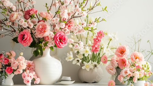 Elegant floral arrangement with pink roses and cherry blossoms in white vases on a light background. © Svfotoroom