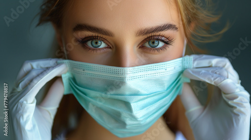 Close-up of a female doctor in white gloves puts on a medical mask. The concept of protection from the virus. Medicine health care. photo