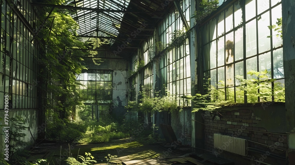 An abandoned factory reclaimed by nature with vines and trees growing inside  AI generated illustration