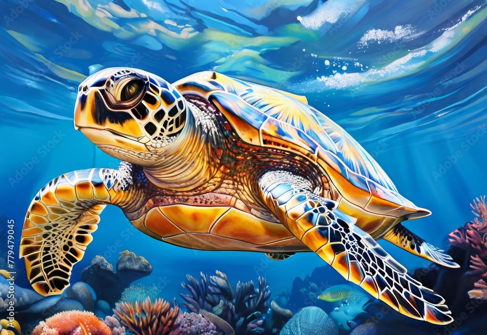 Fototapeta premium Sea turtle in water with sun glare in gouache