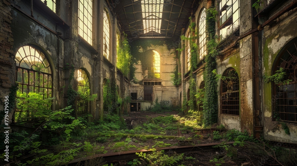 An abandoned factory reclaimed by nature with vines creeping up crumbling walls AI generated illustration An abandoned factory reclaimed by nature with vines creeping up crumbling walls AI generated illustration