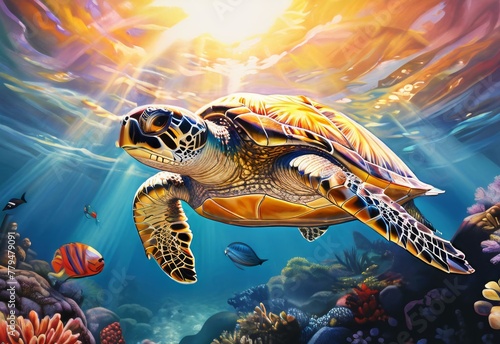 Sea turtle in water with sun glare in gouache © Margarita