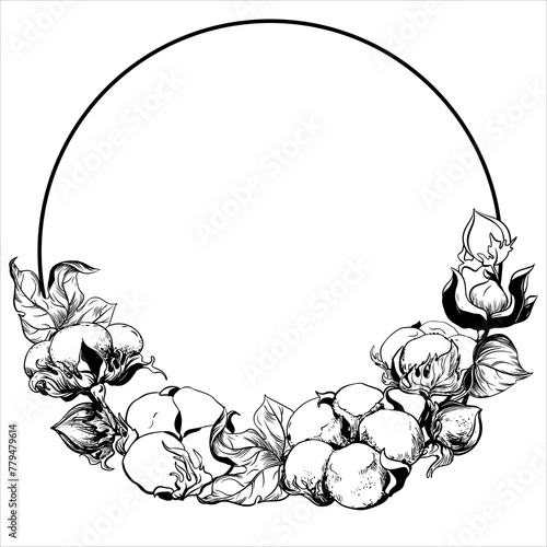 Vector cotton round frame. Cotton seeds and leaves in vintage style with engraving. Drawing in retro engraving style. Illustration for label, wedding invitation.
