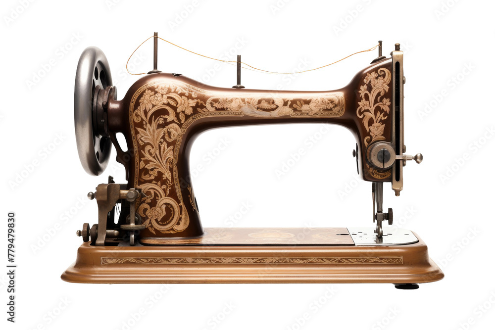 Antique Sewing Machine on Wooden Stand. On a White or Clear Surface PNG Transparent Background.