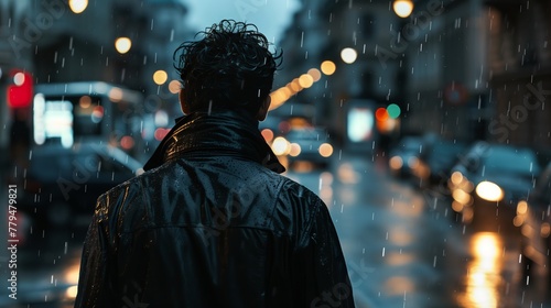 Back view of man in street in rainy weather