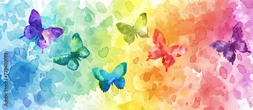 A group of vibrant butterflies flittering through the air on a colorful rainbow backdrop, showcasing the beauty and artistry of these pollinators in nature photo