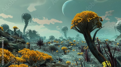 An alien landscape filled with strange flora and fauna  AI generated illustration photo