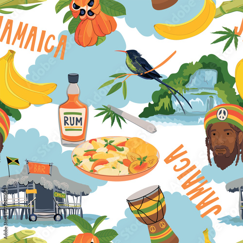 Seamless pattern in Rasta colors. Jamaican vector pattern. Rum, ackee fruit, hummingbird, waterfall, beach bar, rastafarian, giant drum in flat style on white background.